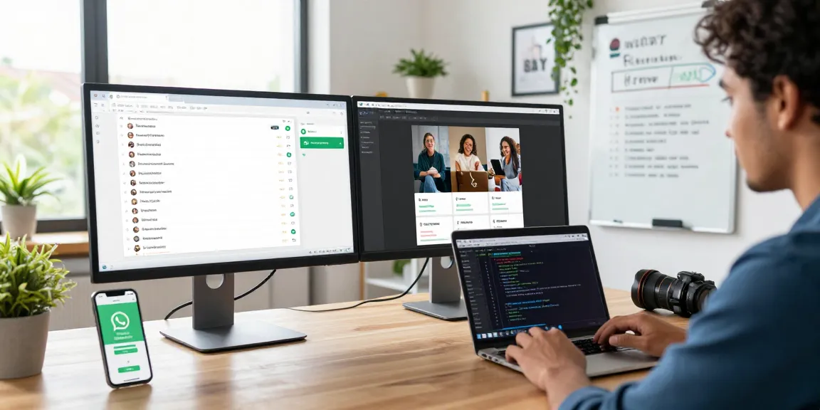 Engaging workspace setup showcasing WhatsApp網頁版 on desktop with dual monitors in a bright office.