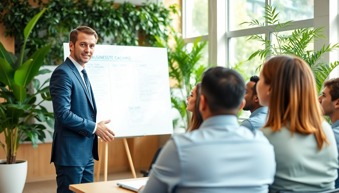 Engaging business coaching service session fostering collaboration among diverse clients.