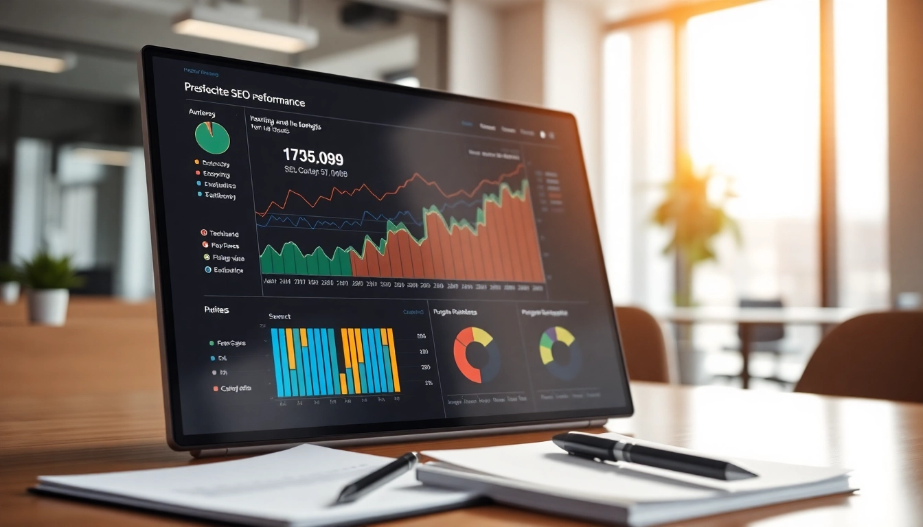 Analyze SEO performance metrics on a digital dashboard in a modern office setting.
