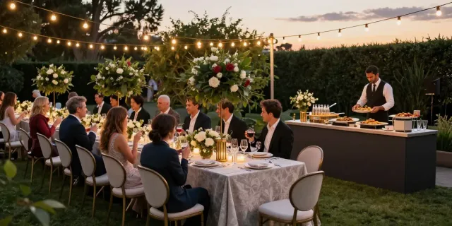 Event furniture rental aesthetic with elegant banquet table and cozy guests outdoors.