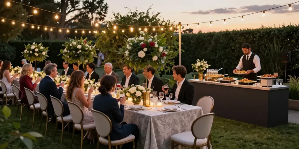 Event furniture rental aesthetic with elegant banquet table and cozy guests outdoors.