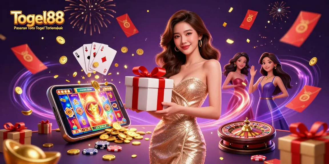 Togel88 Pasaran Toto Togel Terlengkap showcasing a dazzling casino scene with an Asian woman celebrating while winning at slots.