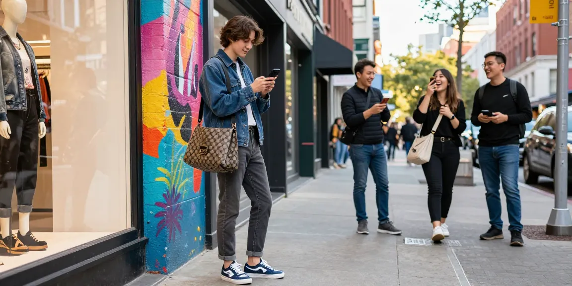 Young adult exploring trendy 레플리카 사이트 on smartphone in vibrant urban street scene.