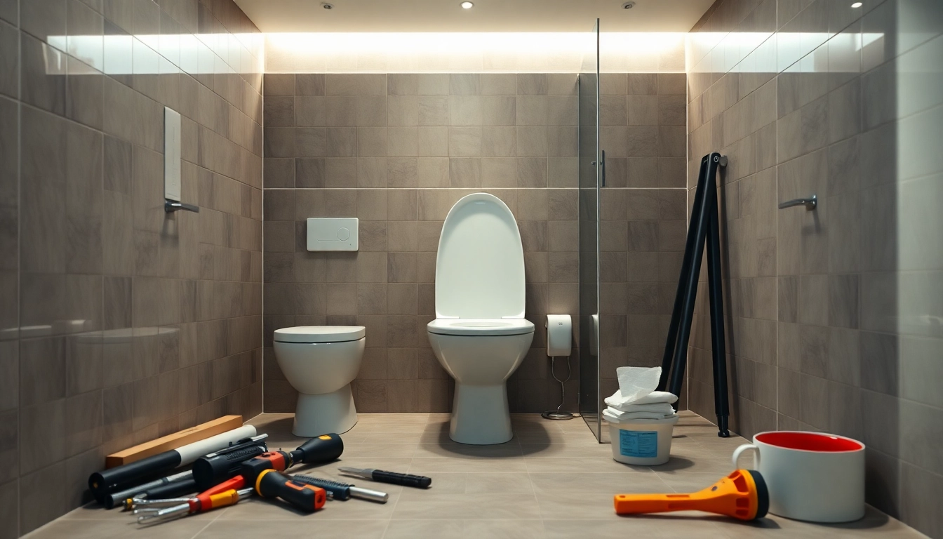 Enhancing commercial toilet refurbishment with modern design and professional tools in action.