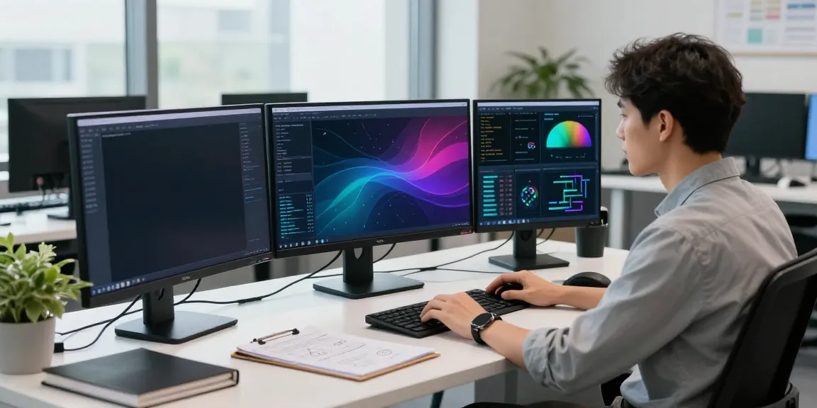 Dynamic workspace featuring a dataset finder interface on multiple monitors in a modern AI training environment.
