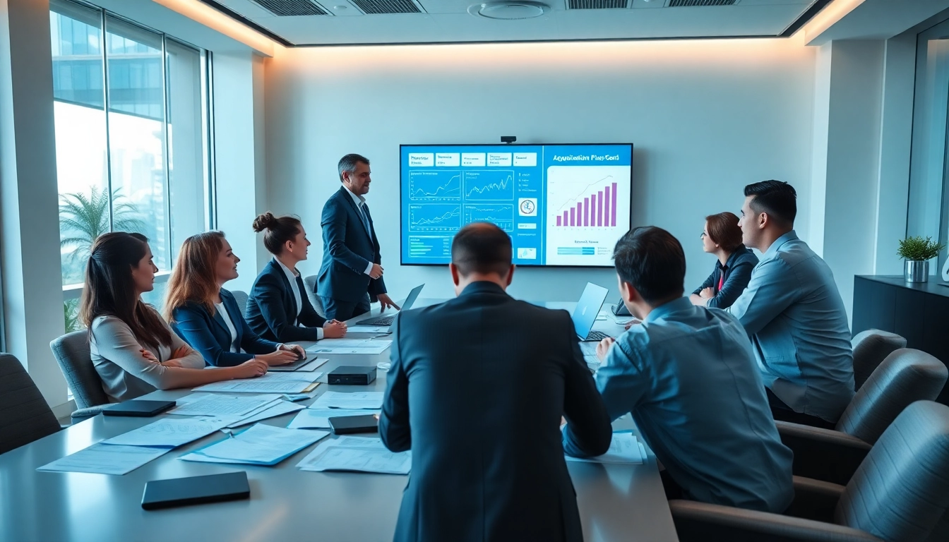 Engaged team brainstorming on Acquisition Planning/Strategy Capture Management with charts in an office.