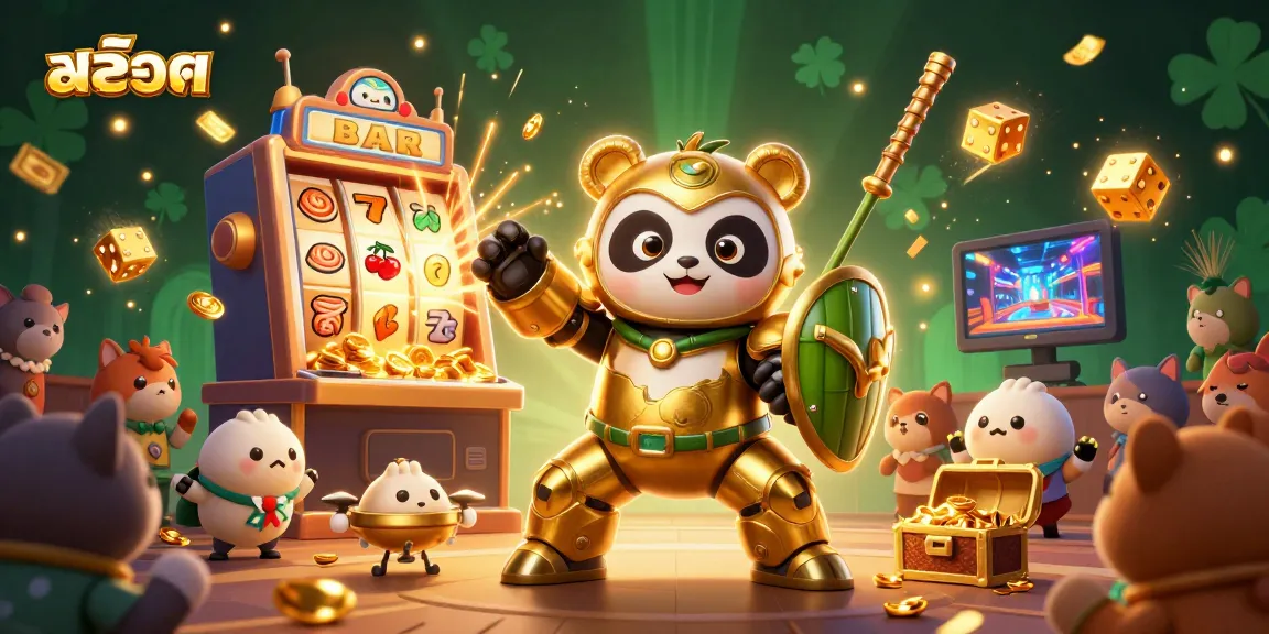 Experience slot thrills with our engaging panda robot and jackpot explosion in this vibrant casino scene.