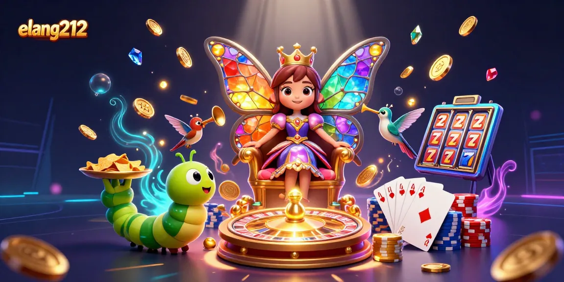 Spin the reels with elang212 featuring a vibrant butterfly queen amidst a dazzling casino scene.