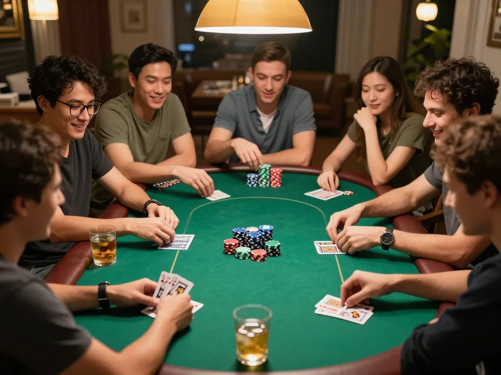 Friends engaged in an exciting home poker game, highlighting Bảng Xếp Hạng of their strategies.