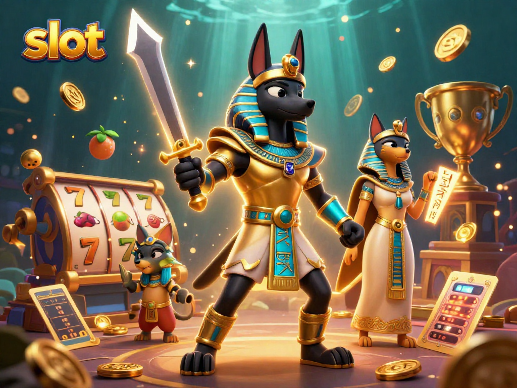 Menangkan slot dengan karakter Anubis dan Bastet dikelilingi slot reels dan simbol buah berkilauan