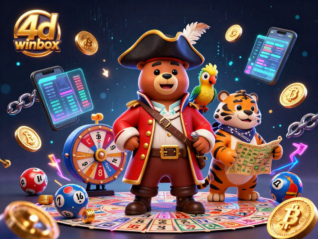 Engage with 4d winbox in this vibrant lottery scene featuring a pirate bear, tiger, and golden parrot.