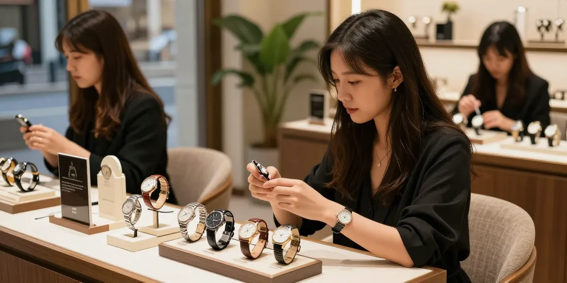 Stylish shopping experience with 시계 레플리카 on display in a cozy boutique.