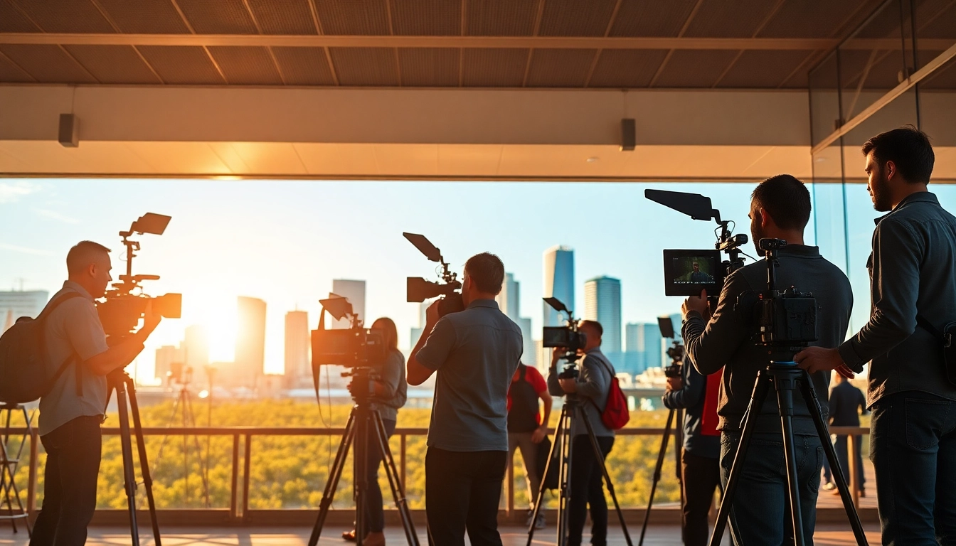 video production edmonton team filming in an urban setting with vibrant skyline