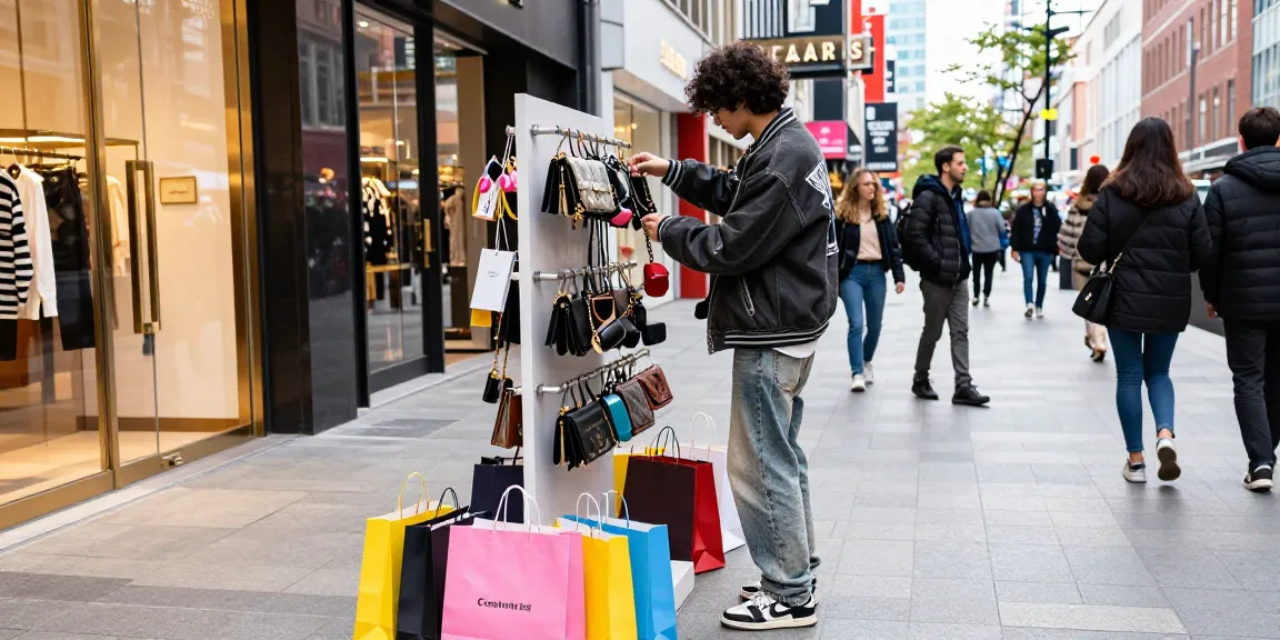 Shopping at a stylish 레플리카 쇼핑몰 with trendy outfits and vibrant city backdrop.