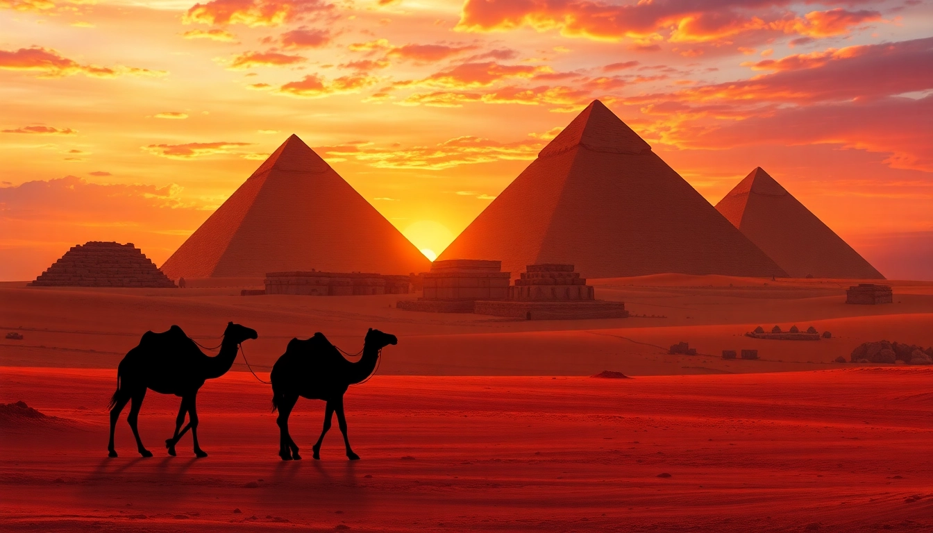 Illustration of piraminds at sunset with camels in the foreground and dramatic sky.