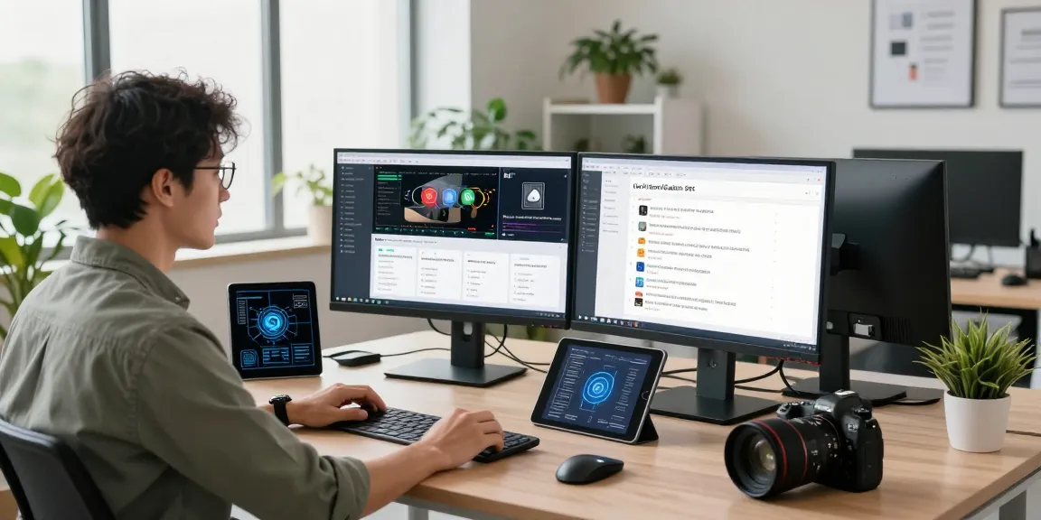 Detect AI image in a modern workspace with a data scientist analyzing flagged content on dual monitors.