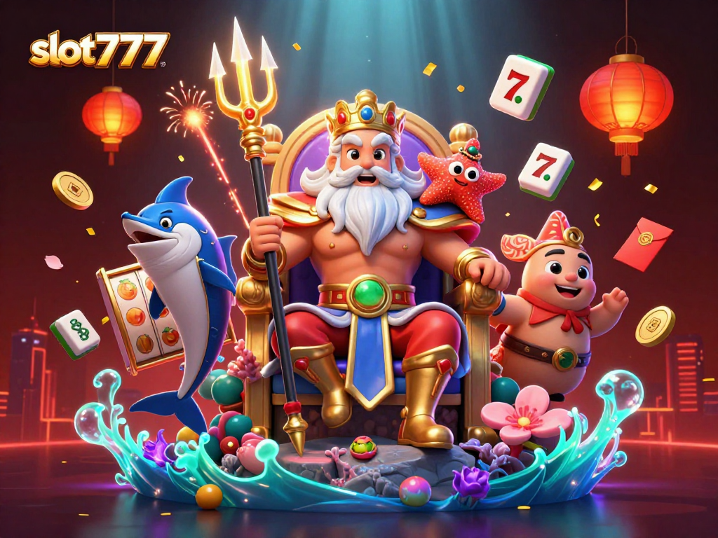 Engage with the vibrant slot777 gaming scene featuring Neptune and dynamic casino elements.