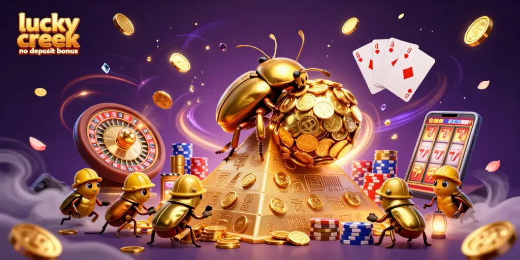 Win big with the lucky creek casino no deposit bonus featuring vibrant casino action and characters.