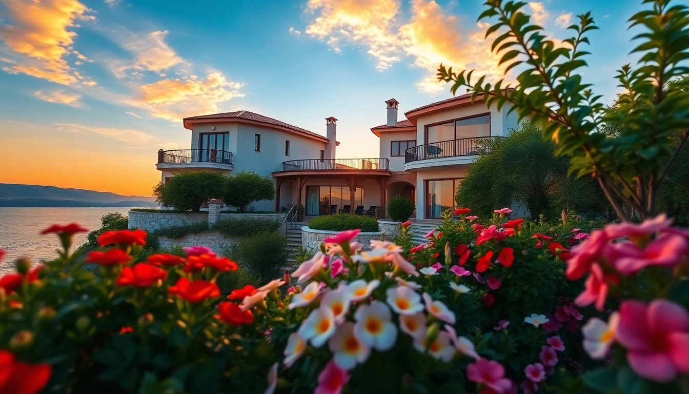 Explore Alanya properties turkey with stunning Mediterranean villas against a sunset backdrop.