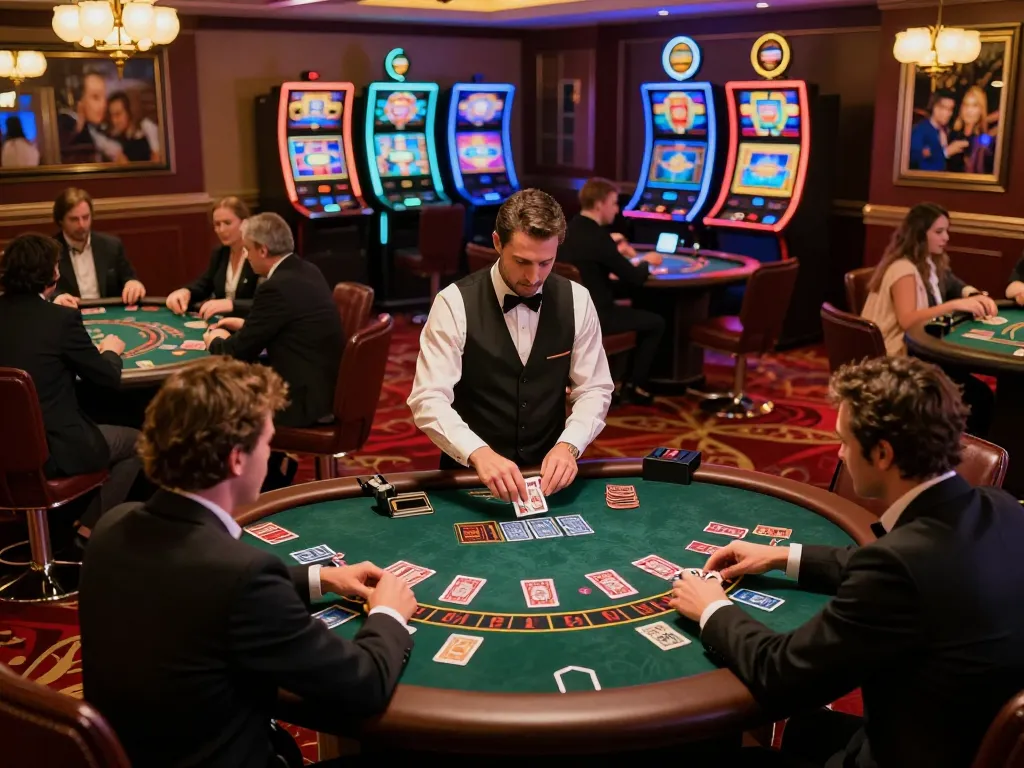 Players engaging in blackjack on a vibrant casino floor at O8.hair during an upscale evening