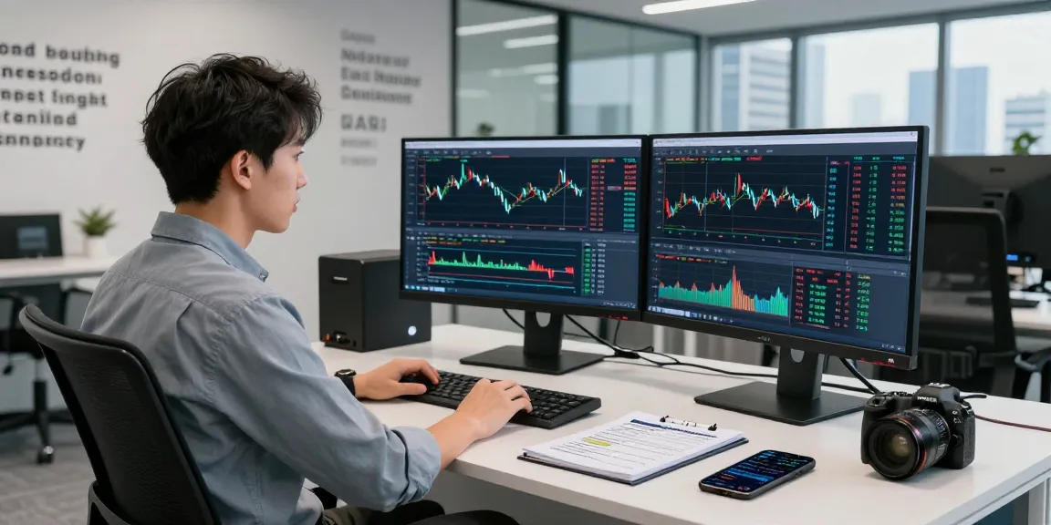 Trader using MetaTrader 5 on dual monitors in a modern office setting, surrounded by financial tools.