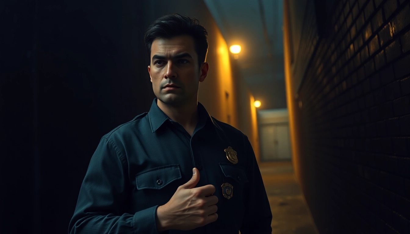 Protagonist from Rancid Badges gripping their badge in a dark, suspenseful alley.