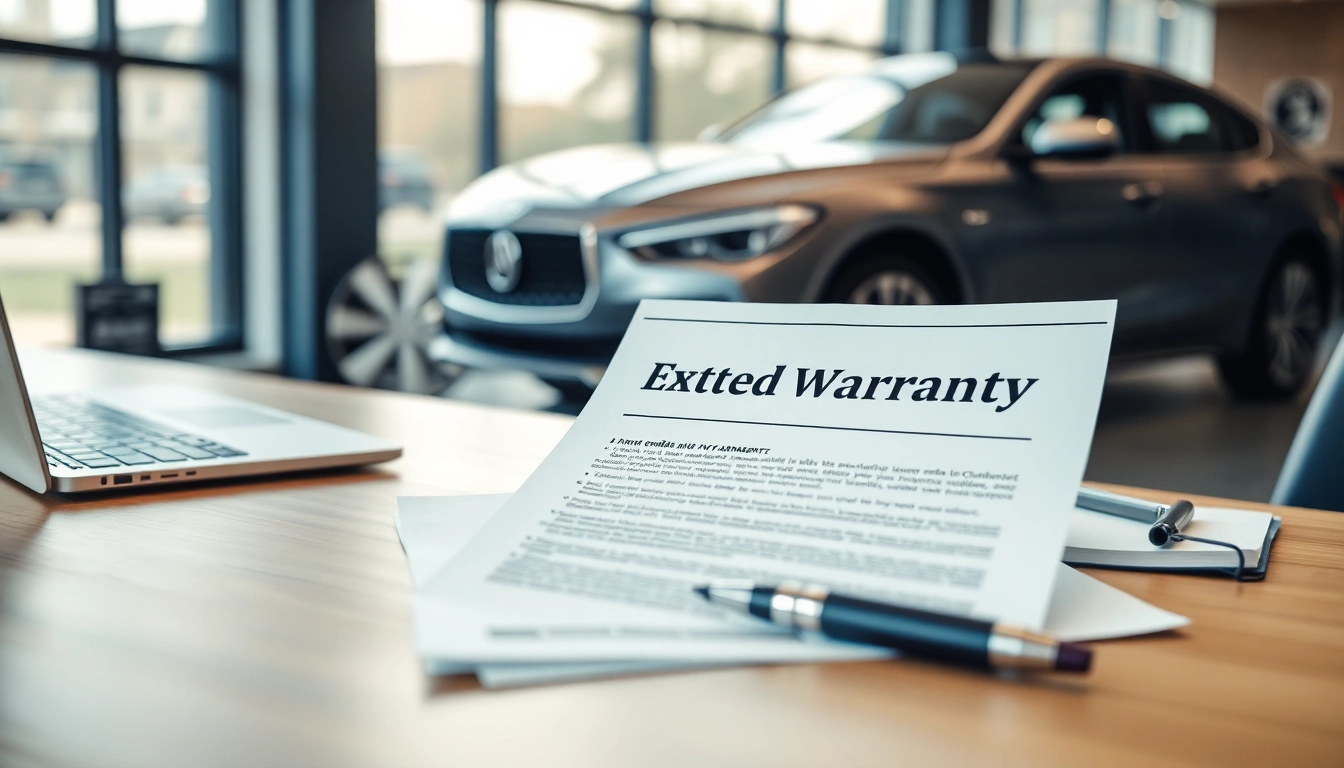 Explore the benefits of an extended auto warranty with a professional workspace setup featuring luxury car details.