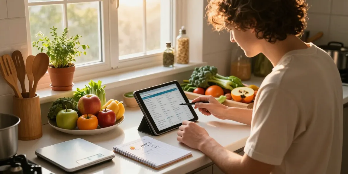 A person using a tablet to log meals in a sunny kitchen, showcasing the best food tracker for healthy cooking.