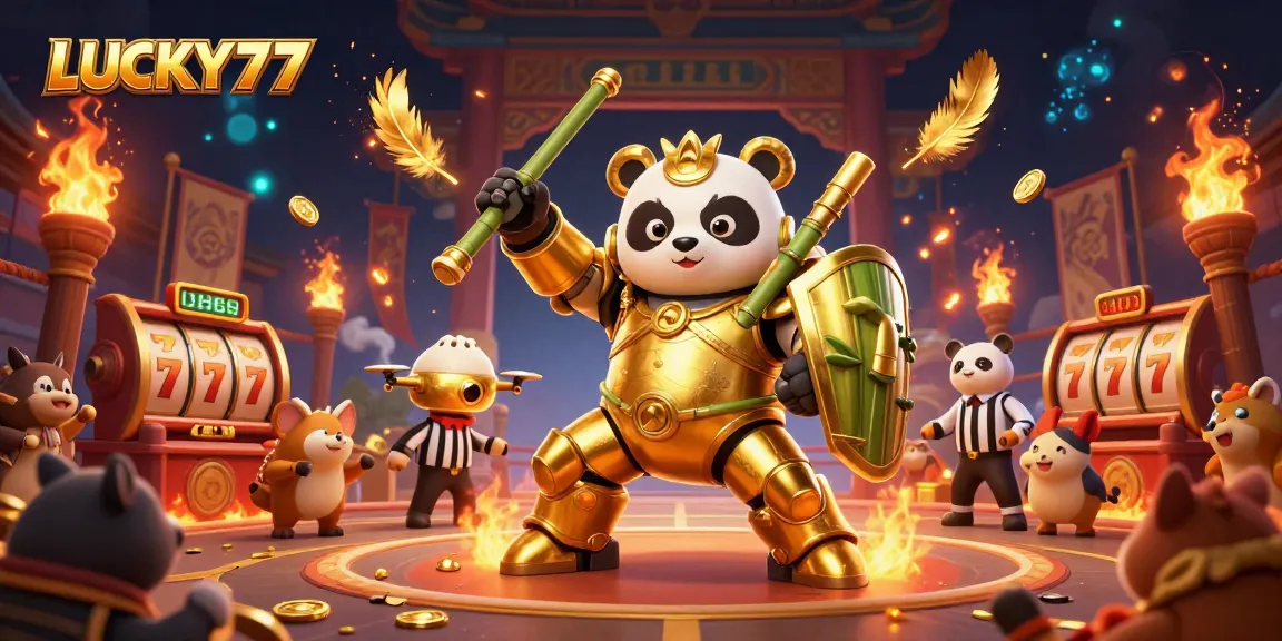 LUCKY77 displays a vibrant 3D mech-suit panda battling in a lively casino arena.