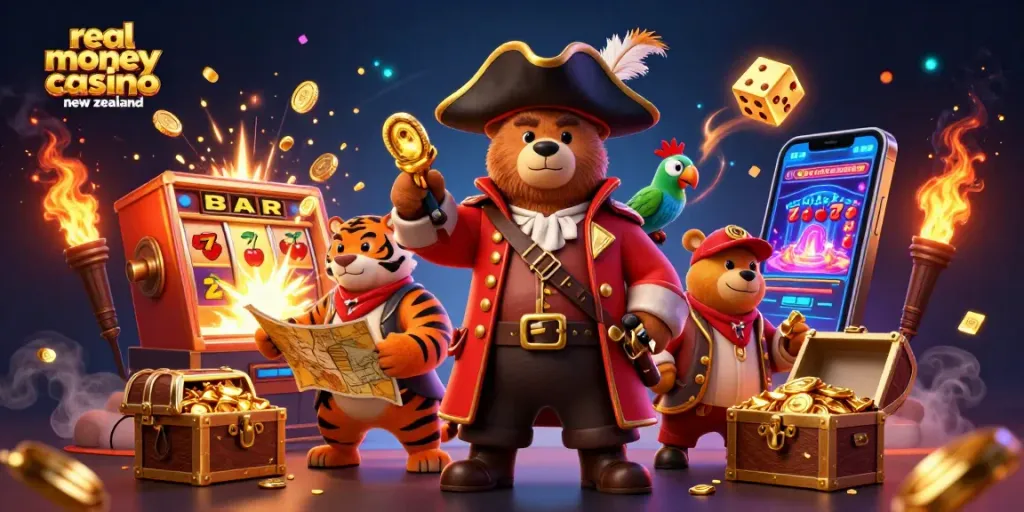 Experience vibrant gaming action at a real money casino new zealand with colorful characters and golden treasures.