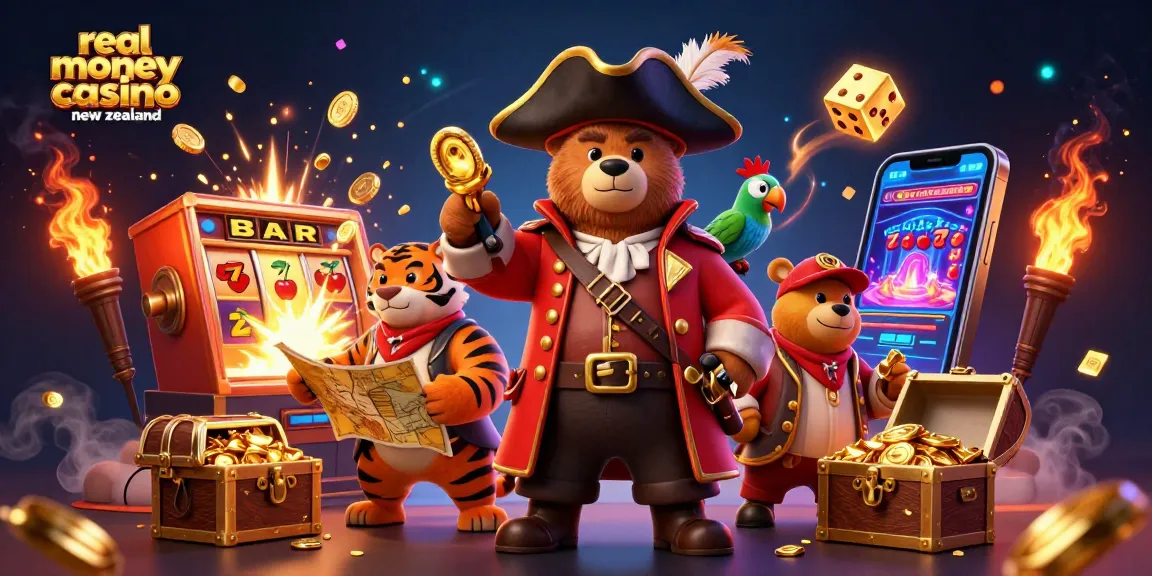 Experience vibrant gaming action at a real money casino new zealand with colorful characters and golden treasures.