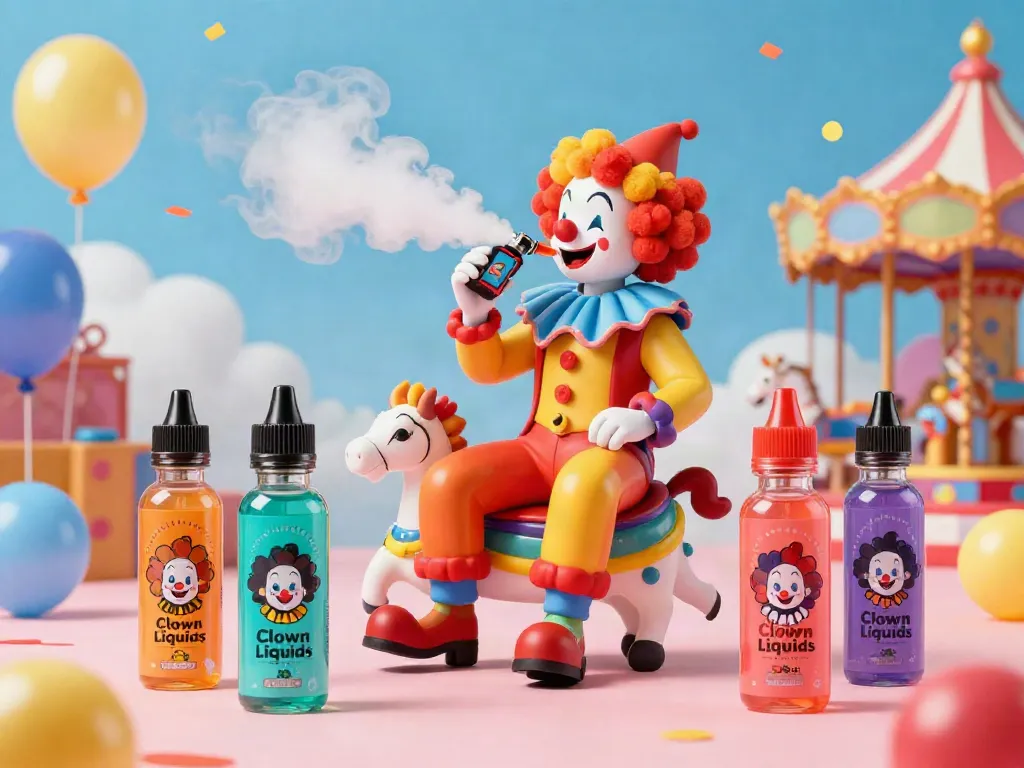 Vibrant clown vape juice bottles displayed in a carnival-themed setting with a cheerful vaper.