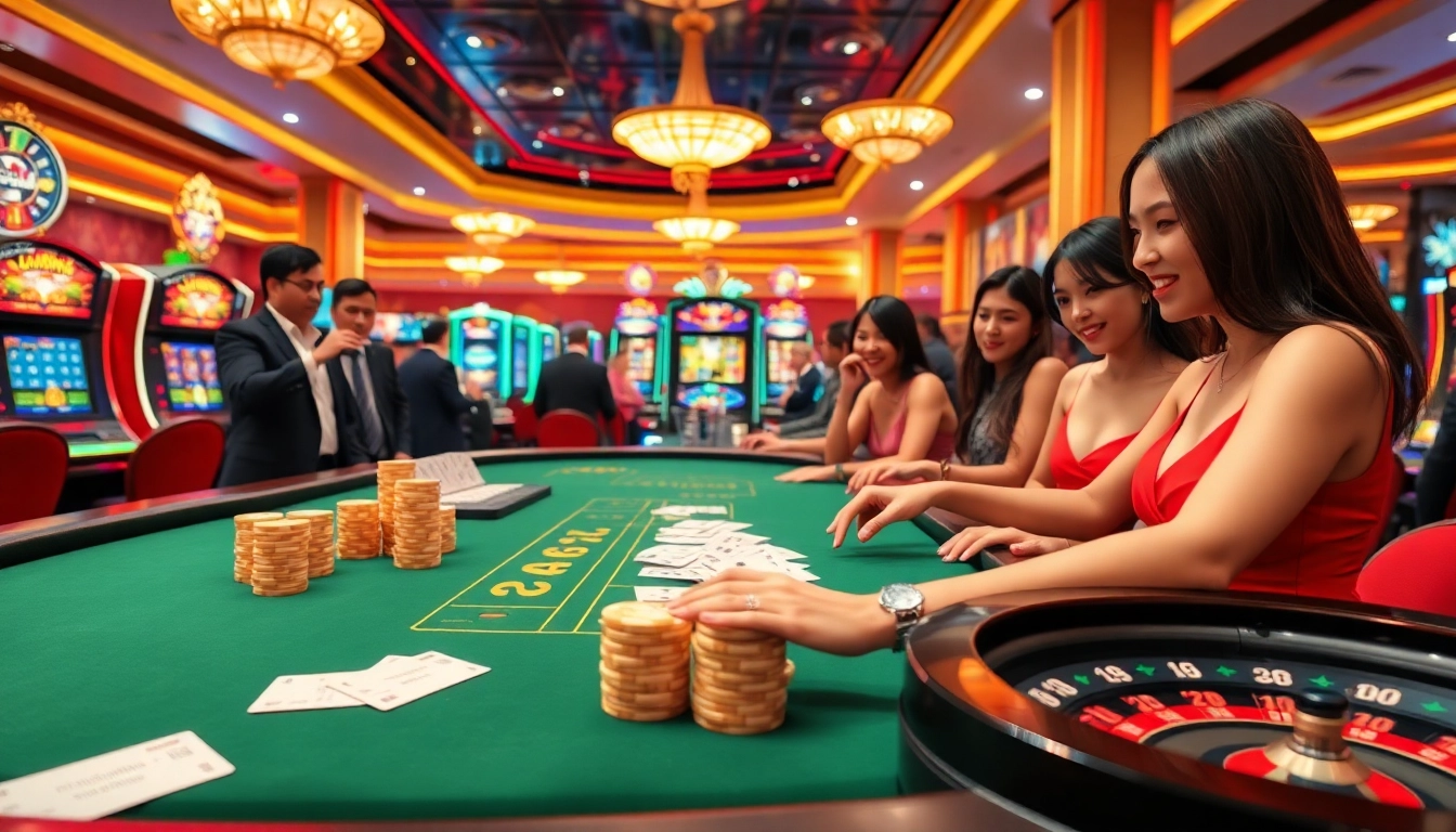 Experience the excitement of gaming action at Trang Chủ XX88 with vibrant casino tables and players.