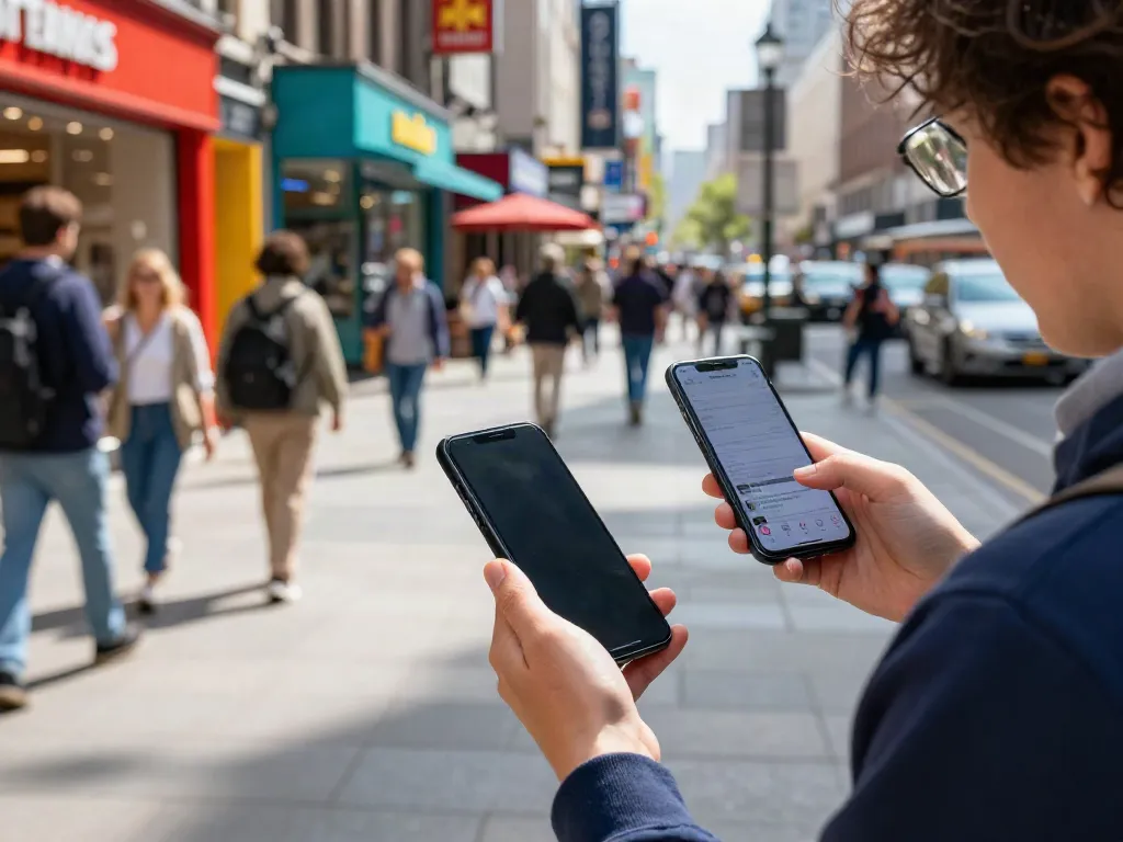 Person using Insanony app to view Instagram stories anonymously in a lively urban setting.