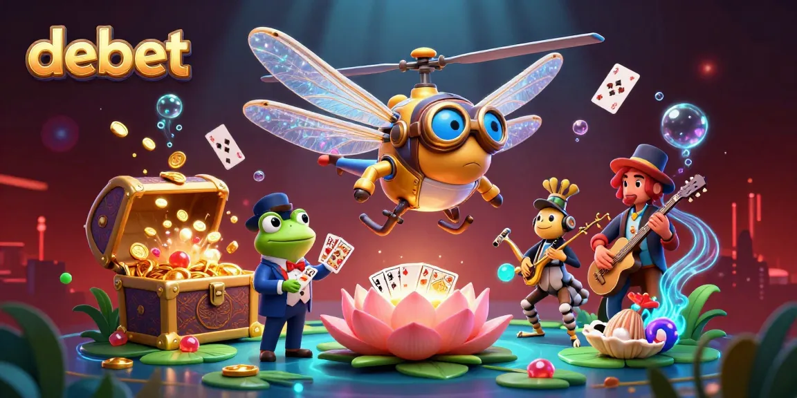 Experience vibrant gameplay with debet at this lively casino scene featuring a frog croupier and dragonfly pilot.