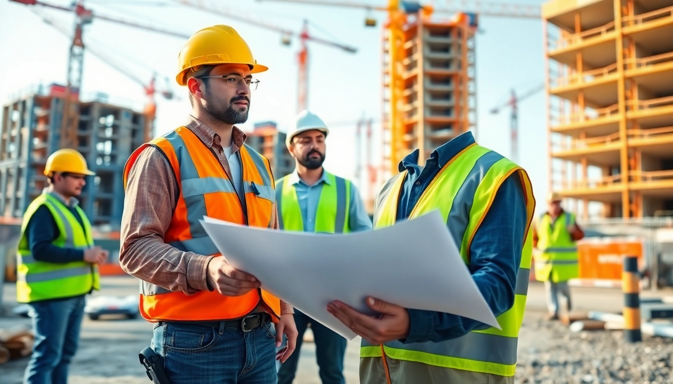 Leading New Jersey Construction Manager overseeing a dynamic construction site with blueprints.