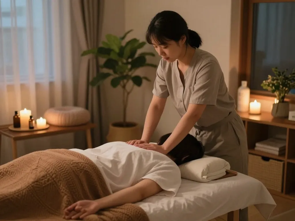 Experience restorative 인천 출장마사지 service in a calming home environment, with soft lighting and natural decor.