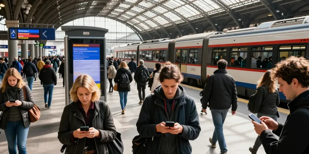 Commuters checking the Public Strikes app for real-time updates at a busy transport hub in Italy.