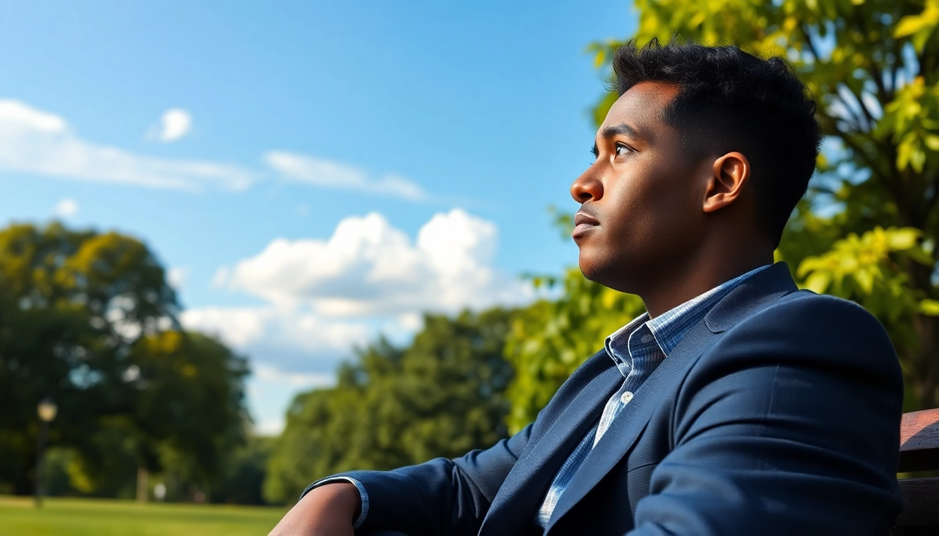 Find my true calling as a person reflects on career options in a serene park setting.