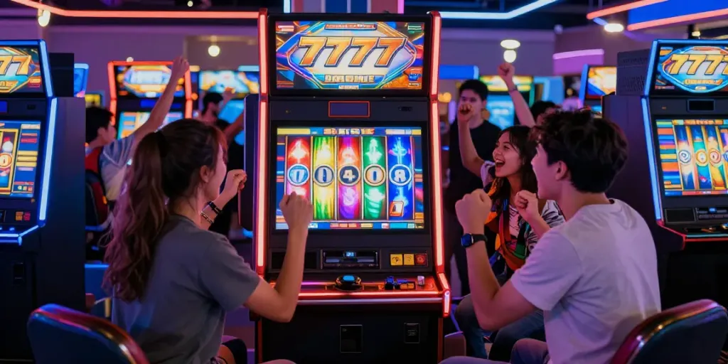 Permainan slot777 yang seru dengan kelompok teman merayakan kemenangan di arcade.