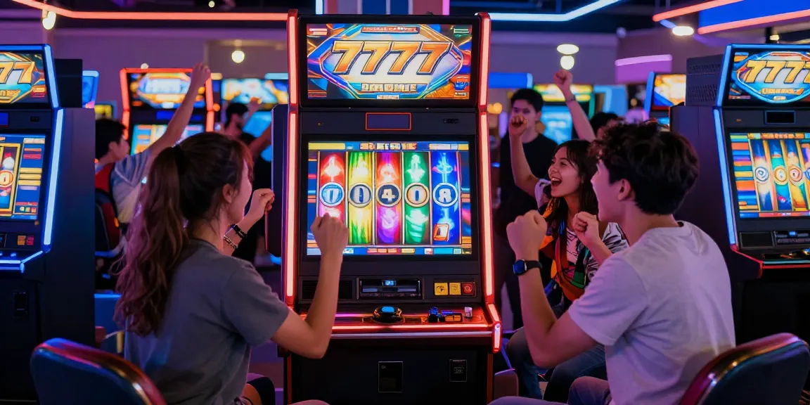 Permainan slot777 yang seru dengan kelompok teman merayakan kemenangan di arcade.