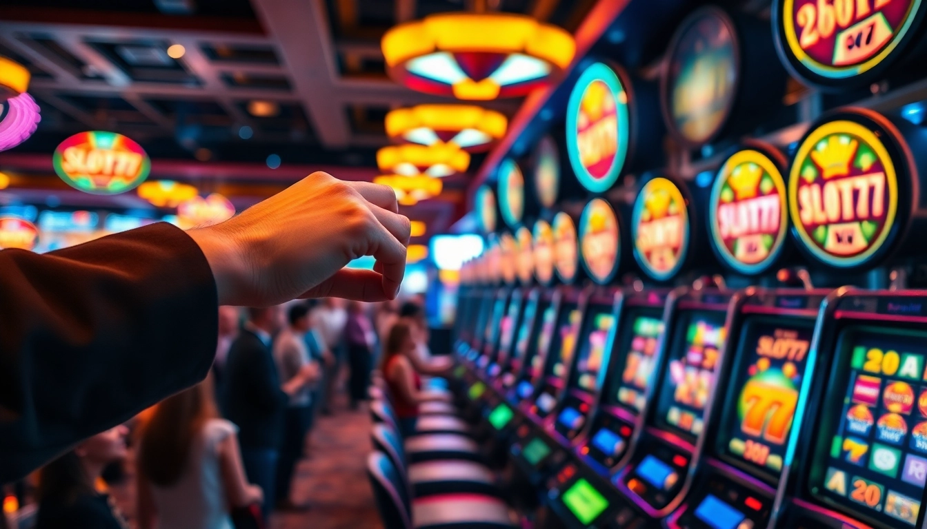 Mainkan Slot77 dalam suasana kasino yang meriah dengan mesin slot berwarna-warni.