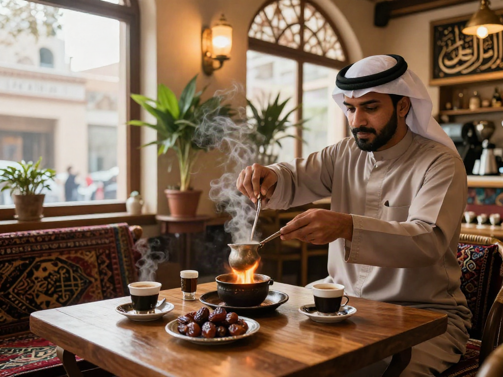 قھوجیین وصبابین الریاض في مقهى تقليدي مع تفاصيل القهوة العربية.