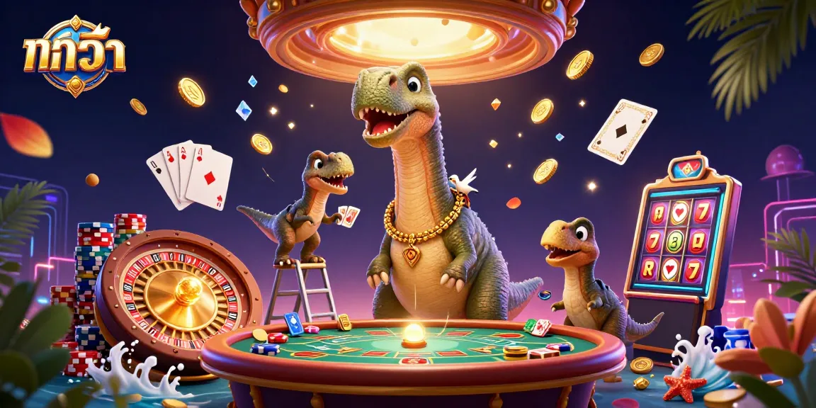 Experience baccarat action with a brontosaurus, raptor dealers, and vibrant casino elements.