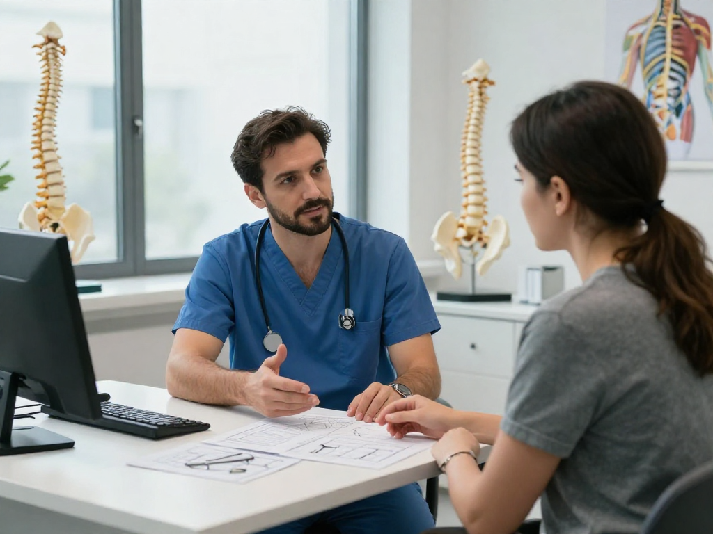 Patient discussing bel fıtığı ameliyatı with a surgeon in a modern medical office.