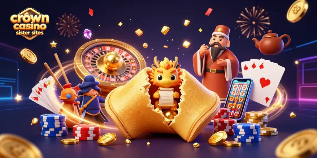 Experience crown coins casino sister sites with a vibrant 3D casino-themed illustration full of dynamic gaming elements.