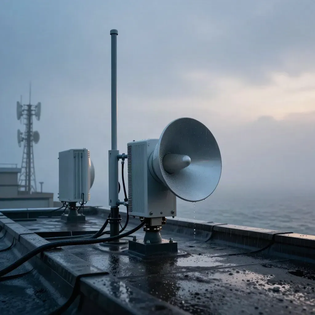 Two rooftop microwave radios on a wet plinth in blue-hour coastal drizzle.