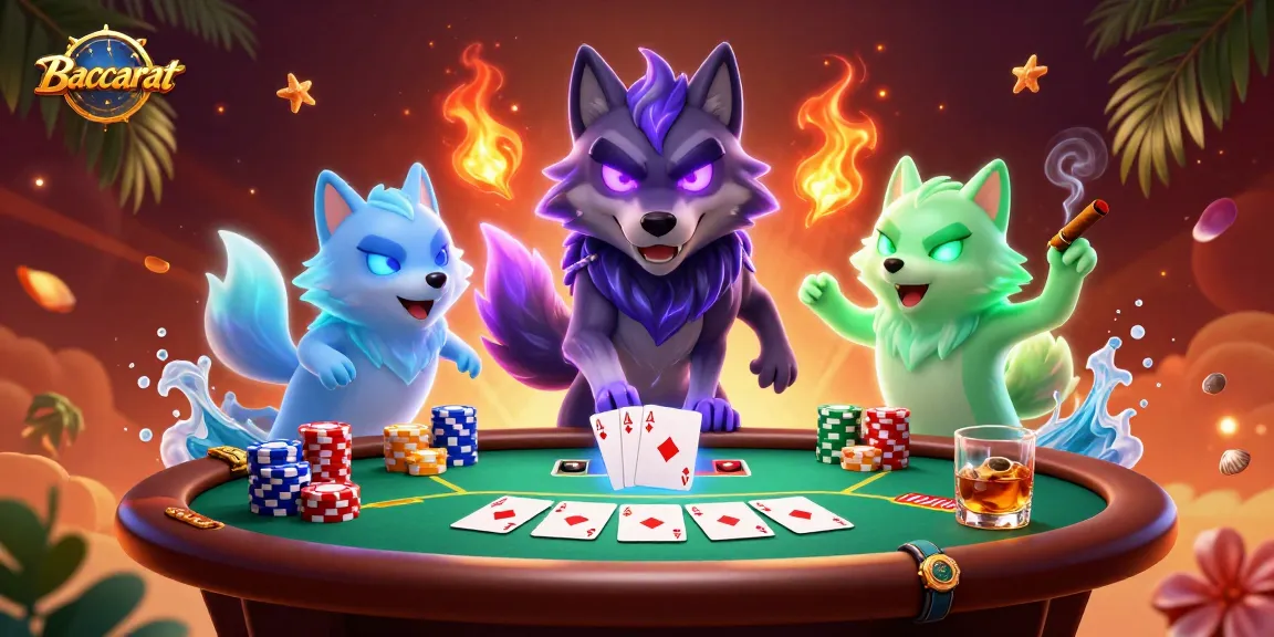 Baccarat game scene featuring a wolf leader and ghostly companions amidst dynamic poker elements.