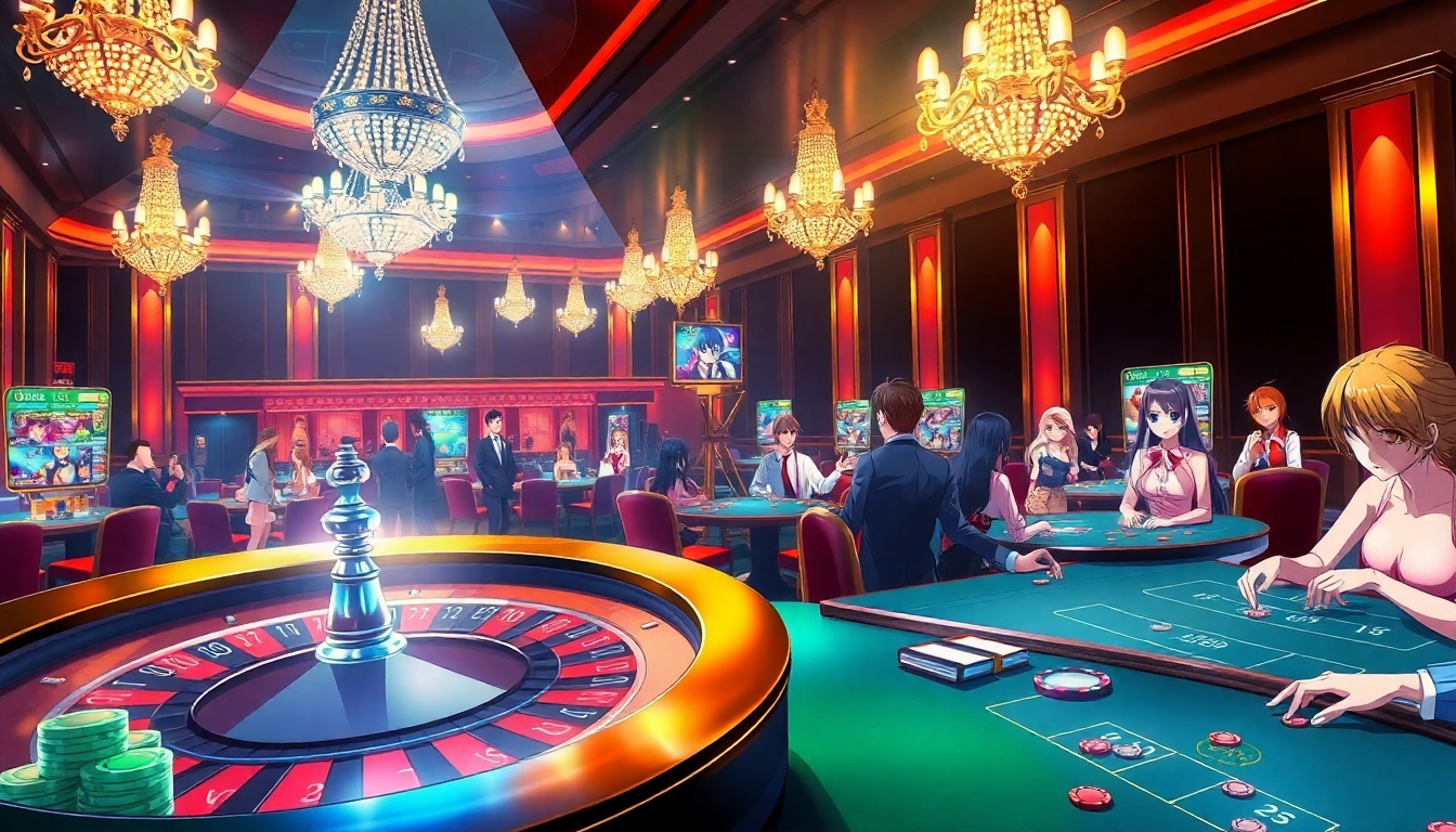 Play immersive hentai game-themed slots and poker with engaging characters in a luxurious casino.