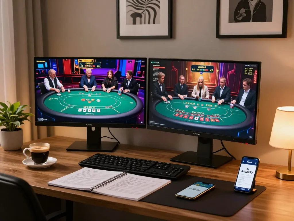 Engaged player using the alexis77 app on a dual screen setup, showcasing live poker and blackjack games.